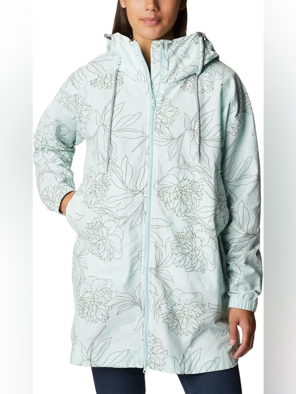 Columbia Light Mint Floral Zip Rain Poncho with adjustable waist